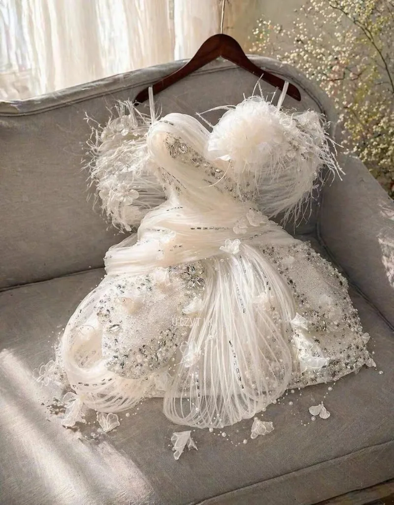 Blue Luxury Fairy Short Prom Dress 3D Flower Feather Off Shoulder Sparkly Beaded Mini Tulle Ball Gown for Women Birthday Party