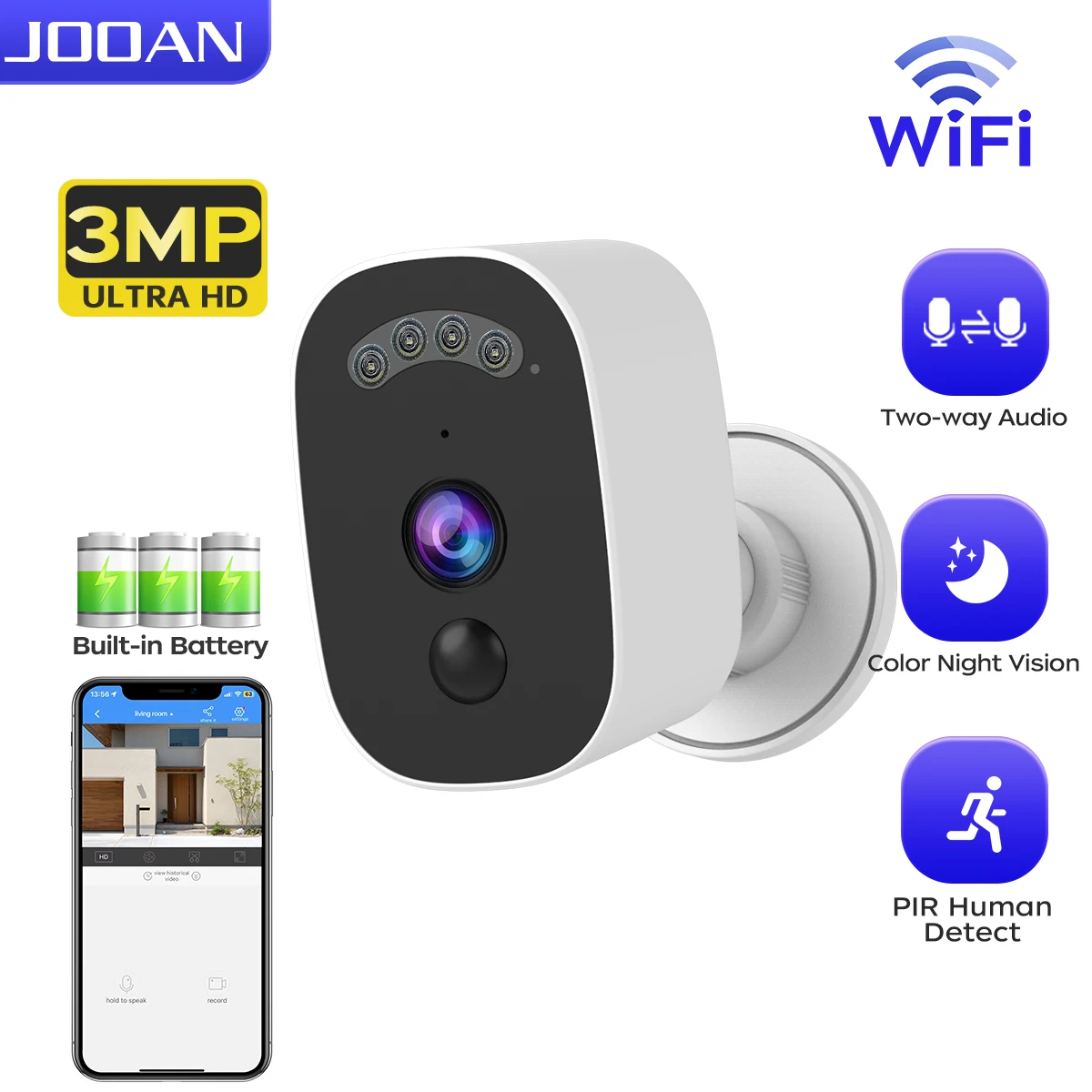 JOOAN 5MP WiFi Camera Outdoor Surveillance Camera PIR Motion Detect CCTV Security Camera Color Night Audio Video Battery Camera
