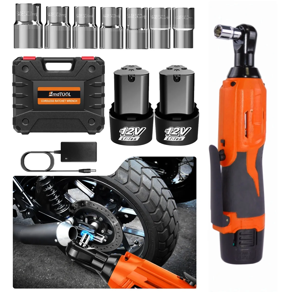 AliExpress EMDTOOL Cordless Ratchet Wrench,3/8" 12V Power Electric Ratchet Driver with 7 Sockets,Two 1500mAh Li-Ion Batteries,for Table, Bike, DIY