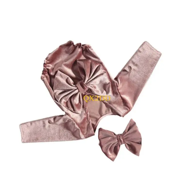 QX2D Newborns Photography Outfit Set Including Bowknot Romper and Matching Headband for Baby Girls Photoshoots Props