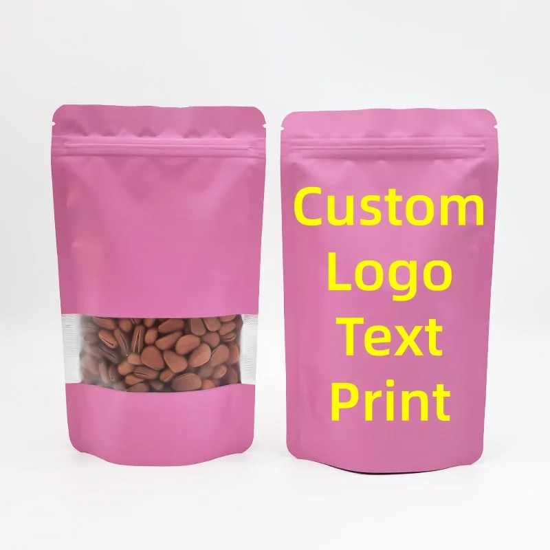 

100 Pcs Baby Pink Stand-Up Foil Bags with View Window, Resealable Zipper Pouches for Candy, Snacks, Tea & Gift Packaging
