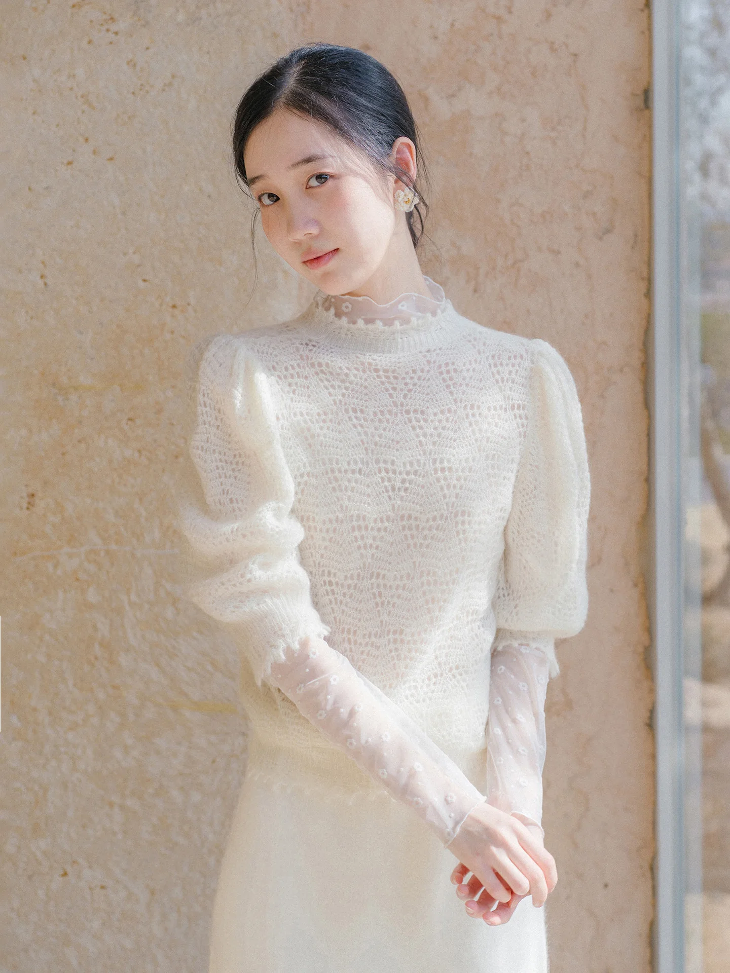 

Bluwhite Early Spring Lace Hollow Bubble Sve Woolen Sweater ort Sve Sea Hair Wool Skin-friendly Breathable Women's ...