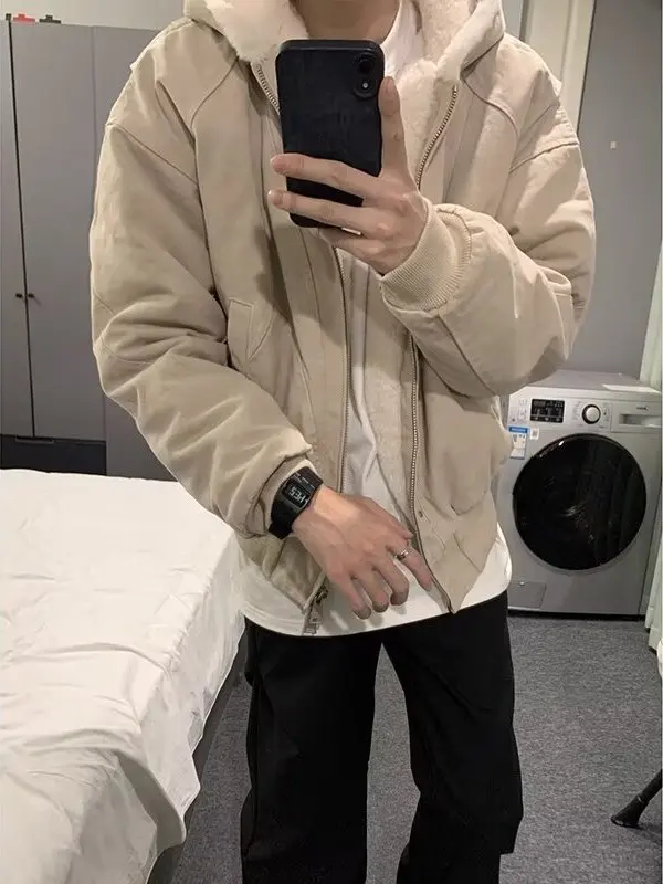 American Style Marble Base Jacket Cotton Coat Men Winter High Sensation Hooded Cotton Inner Fleece Jacket Cotton Coat