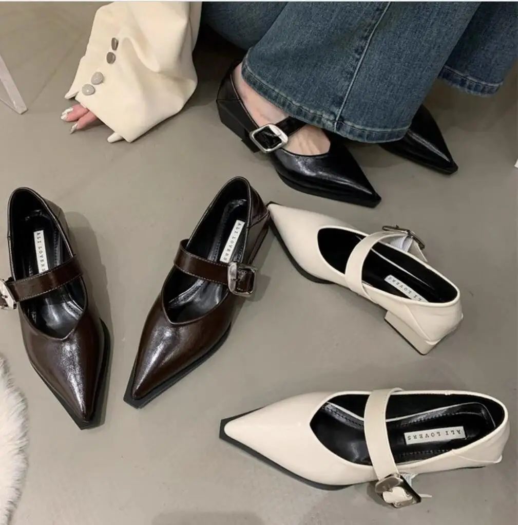 2024 Spring Retro Women's High-Heeled Shoes Fashion Mid Heel Pointed Toe Party Shoes Women Chunky Mary Jane Shoes Zapatillas