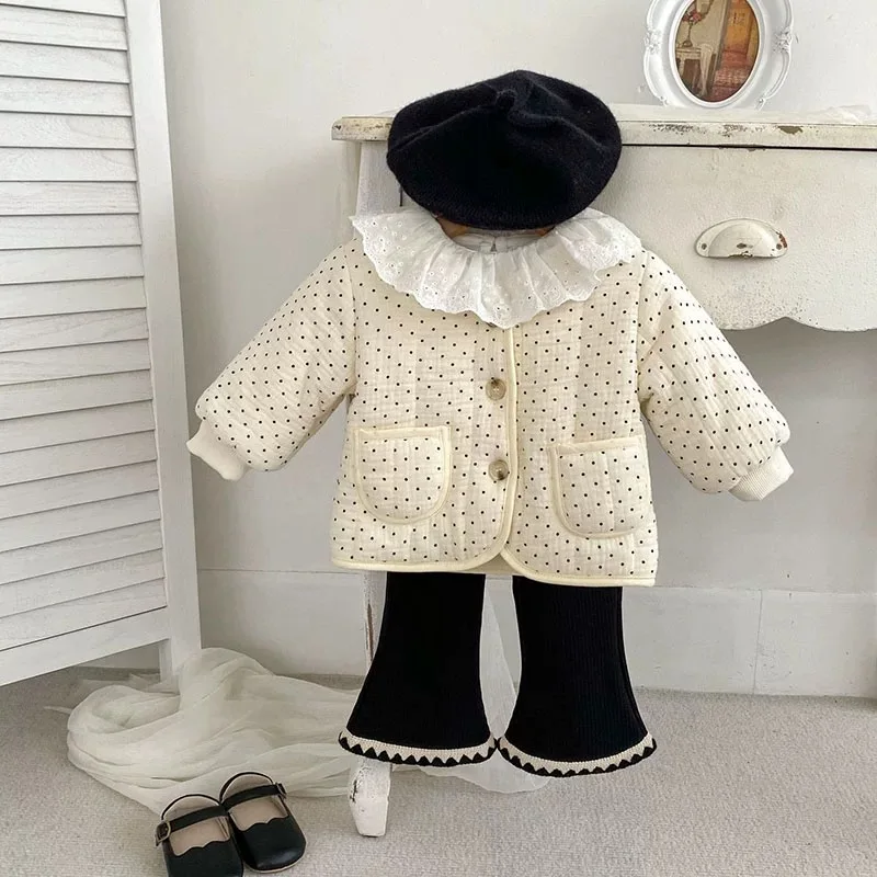 2025 Winter New Baby Long Sleeve Warm Coat Plus Velvet Thick Infant Girls Floral Padded Jacket Toddler Dot Print Warm Cardigan