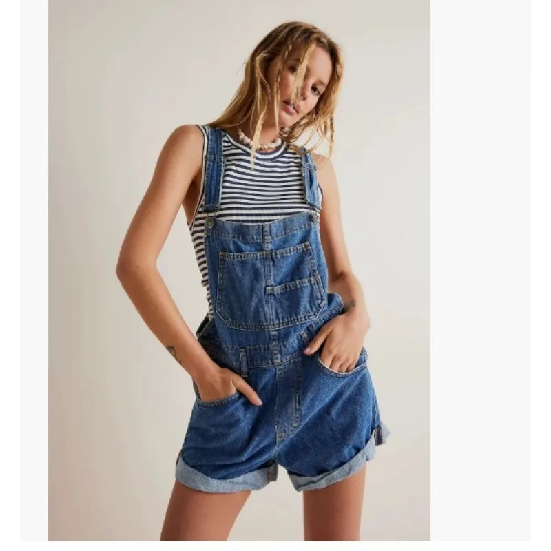 Vêtements pour femmes européennes et américaines, nouvelle mode décontractée, polyvalente, couleur unie, bretelles personnalisées, salopette en Denim ample, short