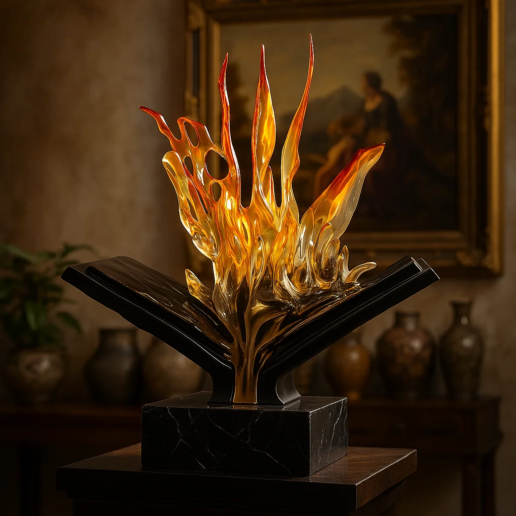 *#Q  C Creative Flame Shape Resin Art Sculpture Hand-painted Open Book Base Home Office Decor Ornament Art & Collectible&
