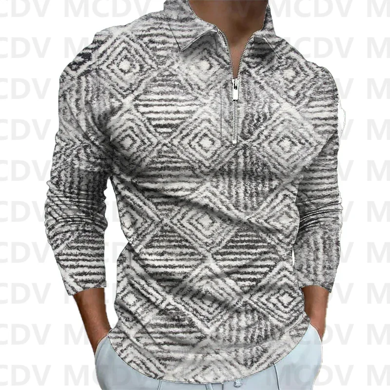 

2023 New Retro Pattern Print Men's Long Sleeve Zipper Polo Shirt Dragon 3D Printed Polo Long Sleeve T Shirt Casual Tops