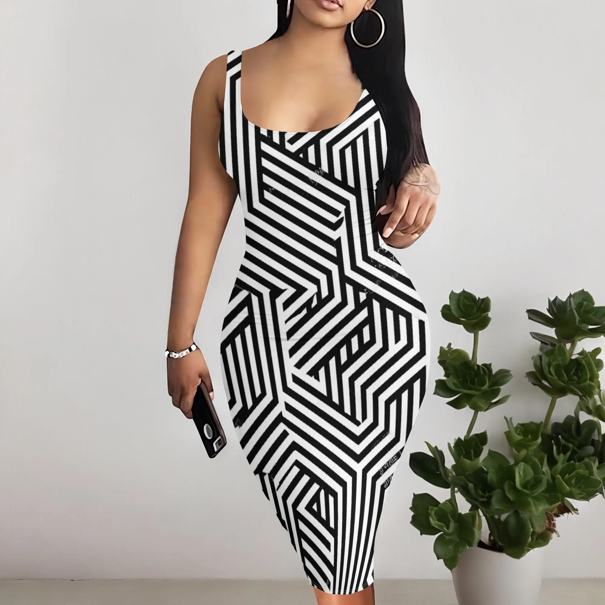 

Women's Geometric Bodycon Dress Sleeveless Spaghetti Strap Sexy Slim Fit Party Clubwear Summer Night Out Dress 2025 Style