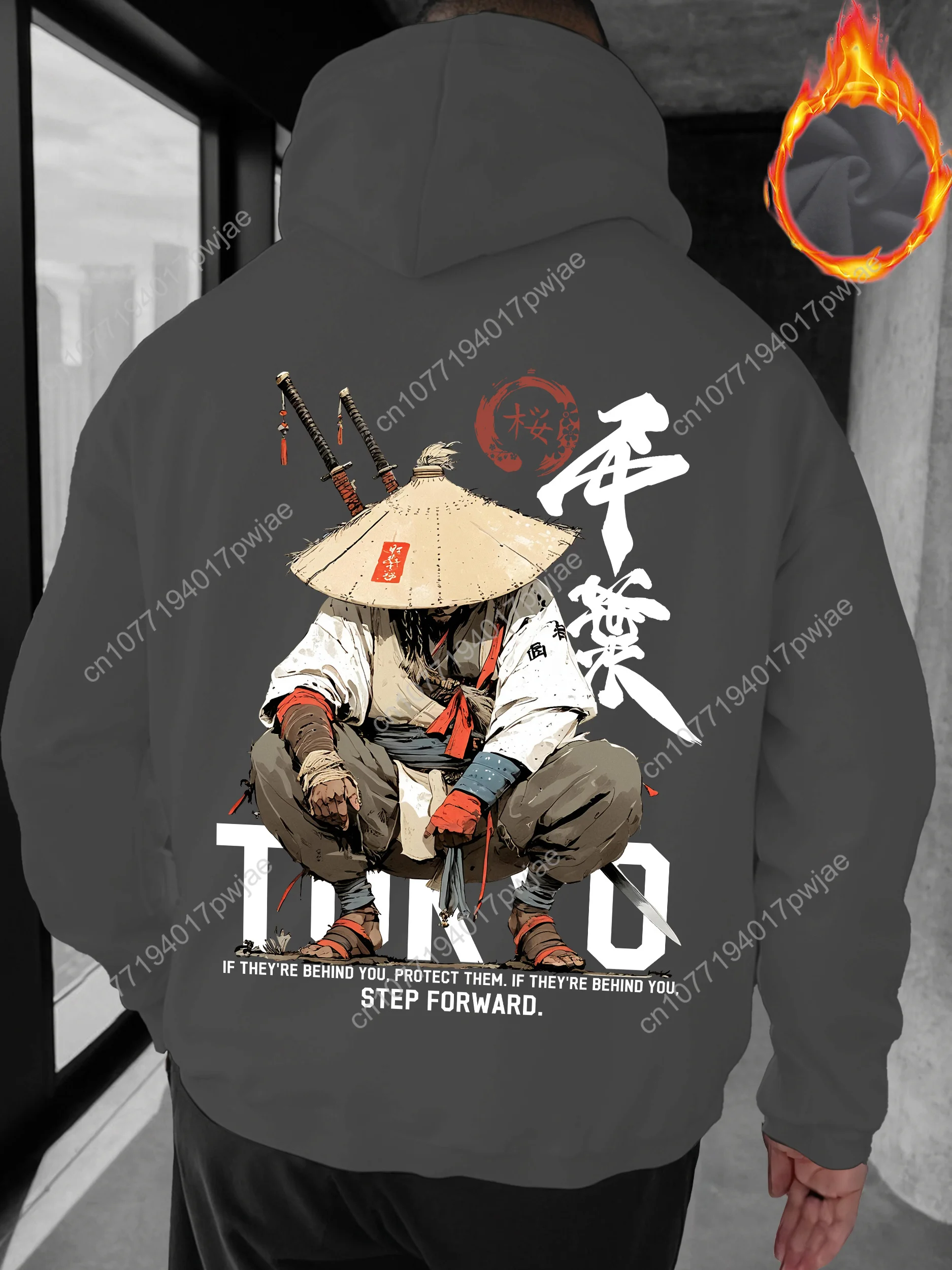 Мужская толстовка с капюшоном японского аниме-самурая — одностороннее струящееся кимоно с принтом самурая-воина с надписью кандзи, Loo