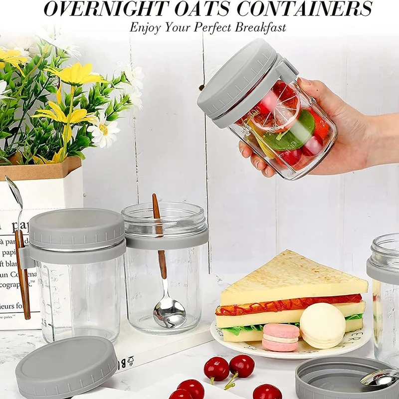 4 Pack Overnight Oats Containers Glass Mason Overnight Oats Jars Airtight Oatmeal Container With Lids And Spoons, 12 Oz