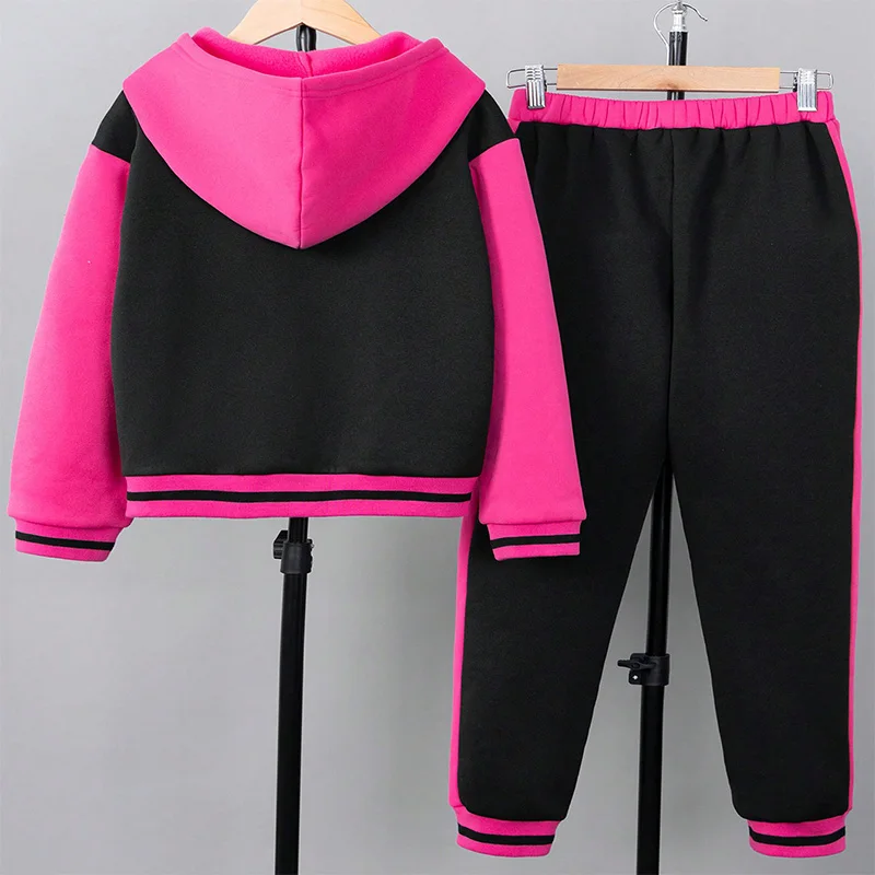 Two Piece Set Of Cute And Warm Color Blocking Printed Hooded Single Breasted Jacket And Pants For Girls In Autumn And Winter
