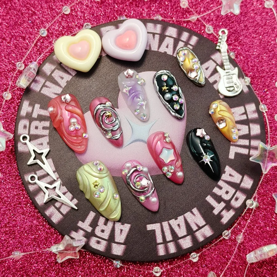 مجموعة مكونة من 10 قطع من الأظافر المزيفة المضغوطة يدويًا، أظافر صناعية سحرية متعددة الألوان، مجموعة أظافر صناعية ملونة وجميلة، #1