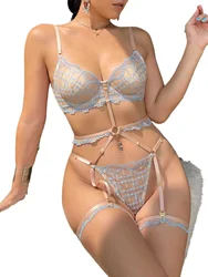 Charming lace lingerie silk thin sexy thin steel ring top support gathered bra set women push up bras thongs suit