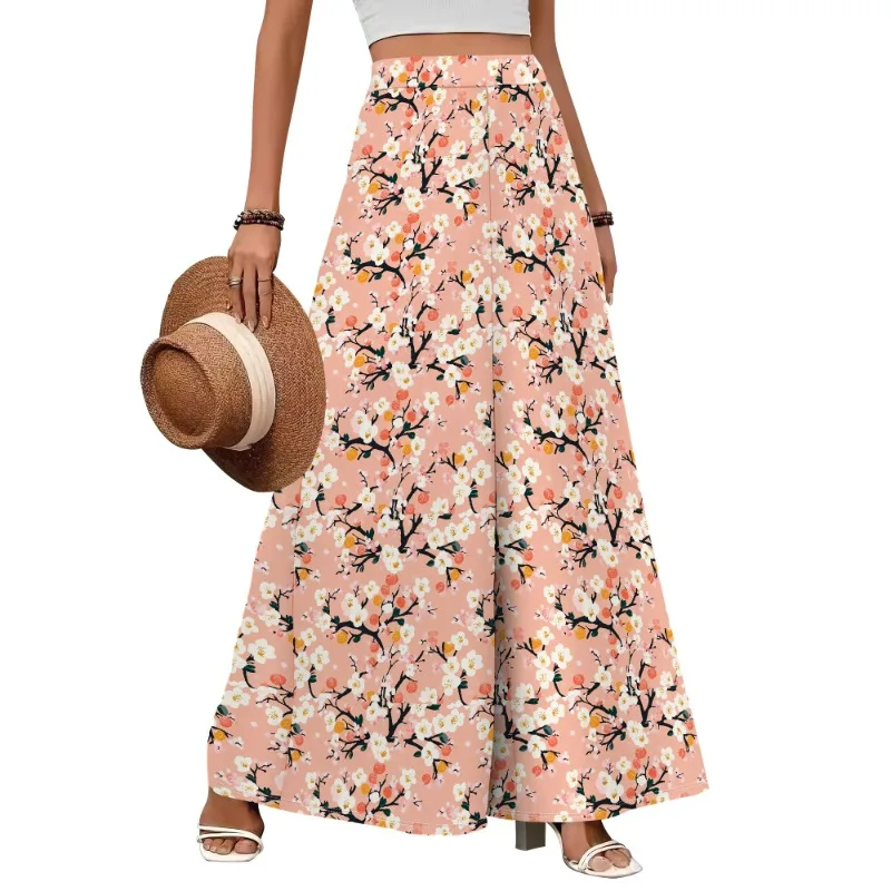 

Women's Wide-Leg Pants Bohemian Floral Wide-Leg Pants Summer Beach High Waist Flowing Trousers Trousers with Floral Pattern