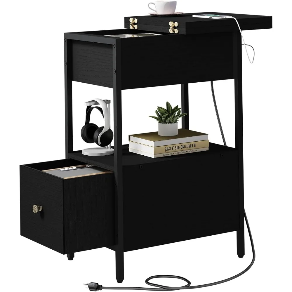 

End Table with Charging Station, Narrow Side Table with Flip Top Cabinet and Fabric Drawer, Nightstand Bedside Tables for Small