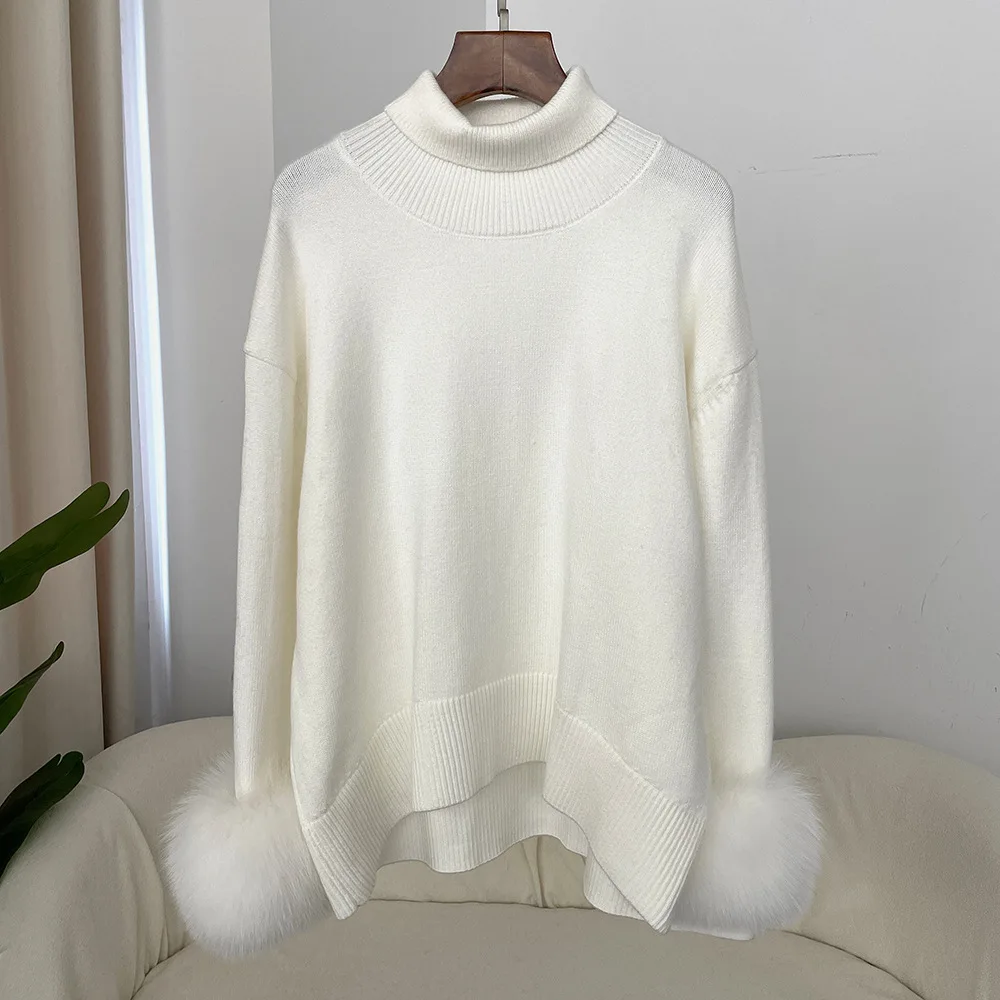 

2024 осенне-зимние женские свитера с рукавами из натурального лисьего меха и теплым облегающим трикотажем