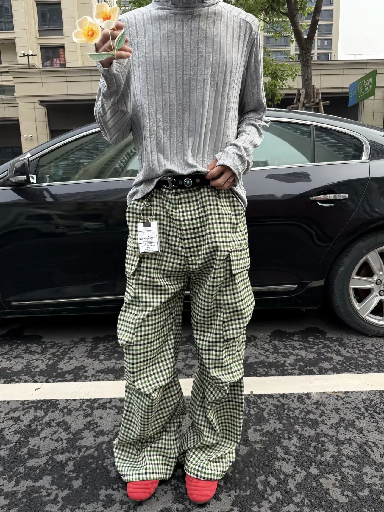 

American Street Sle Retro Plaid Pants with Big kets Casual Wide Leg Men's Workwear Loose Long Trousers Trendy Straight L...