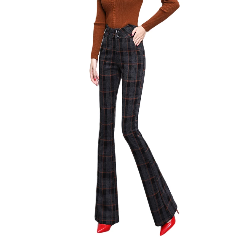 Thiened Woolen Hosen Hohe Taille Abnehmen Casual Hosen Retro Plaid Micro Ausgestelltes Hosen Winter Neue Ankunft Frauen Faion