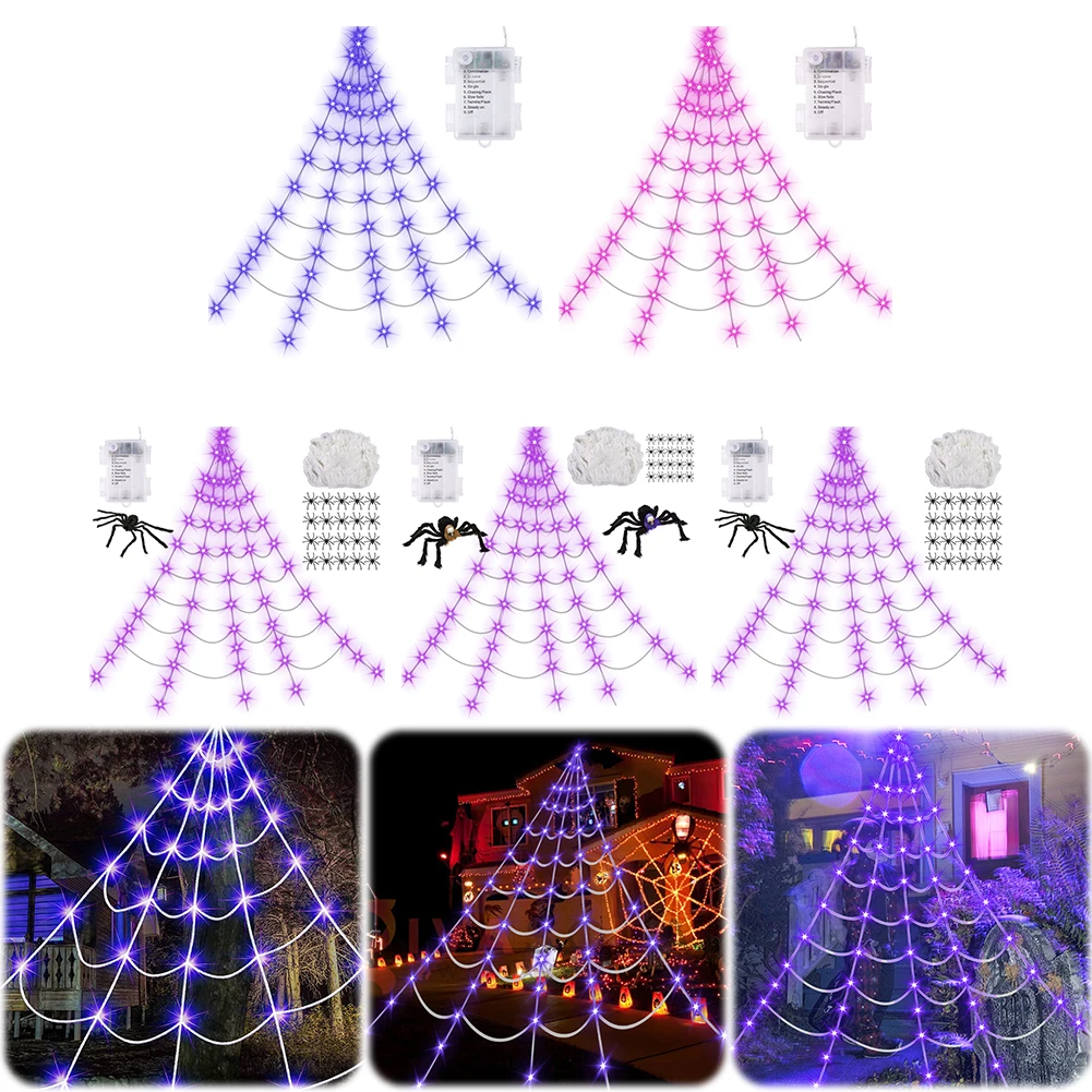 

Haunted House Props Spider Web Waterproof LED Spider Net 8 Modes Halloween Fairy Lights for Party Garden Hanging Halloween Decor