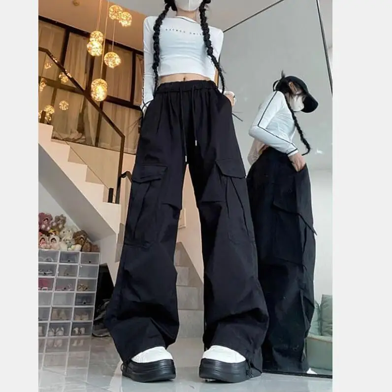 Retro American Military Green Work Pants Unisex High Street Functional Loose Wide Leg Drawstring Casual Long Trousers