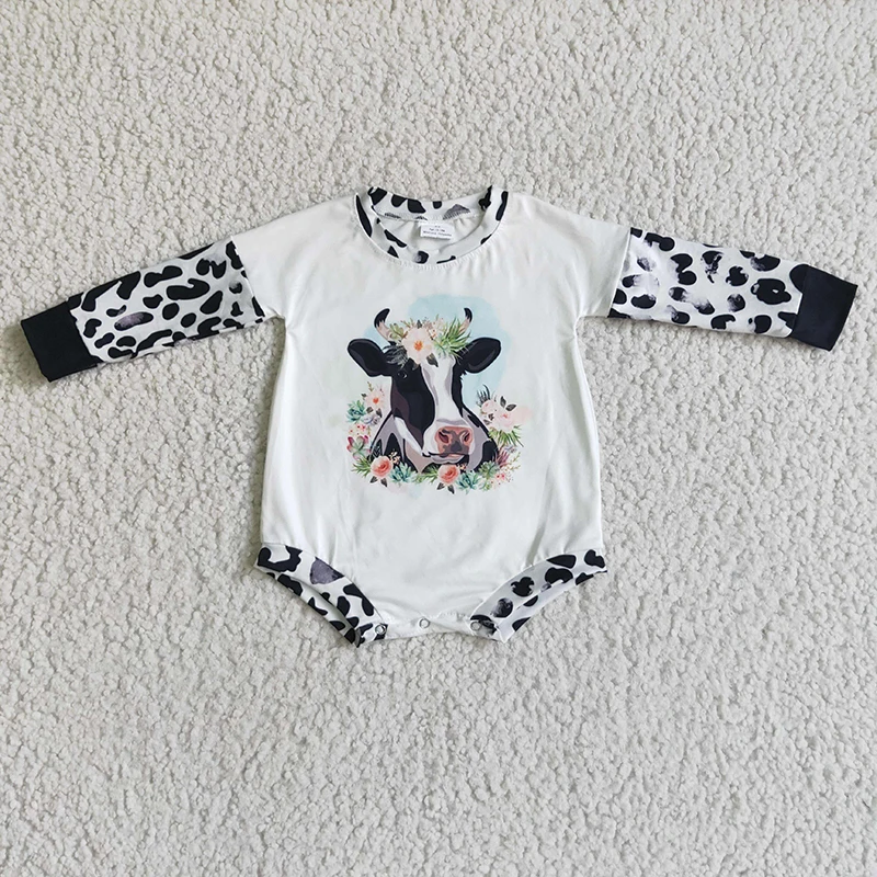 

Newborn Bubble Cow Flower Romper Summer Little Baby Girl Long Sleeve Leopard Jumpsuit Kid Toddler One-piece New Farm Clothes