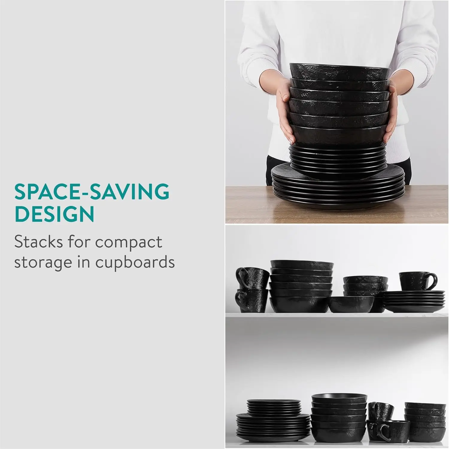 リネン職人石器食器セット（18点）- 食器洗い機＆電子レンジ対応プレート＆ボウル（6人用、ディナープレート、サイドプレート付き）