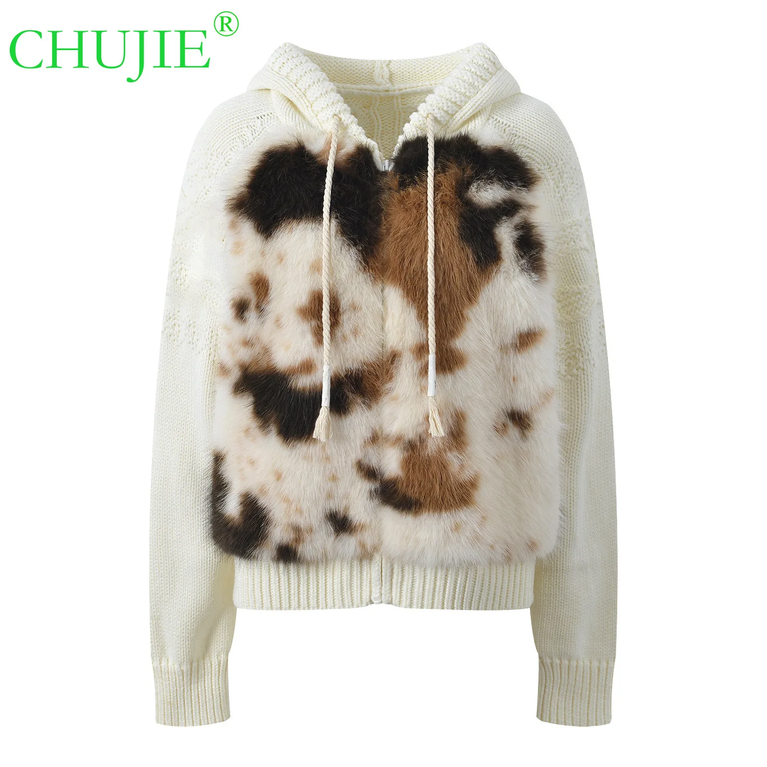 

CHUJIE 2025 Winter New French Style Loose Versatile Color-block Furry Hooded Patchwork Knitted Cardigan Top