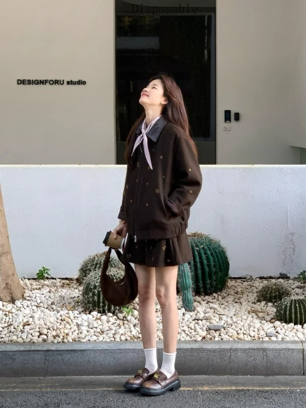 

Retro Patchwork Long Sleeve Turn-down Collar Jacket Women's High Waist A-line Short Skirt Three-piece Set Autumn Winter Fashion