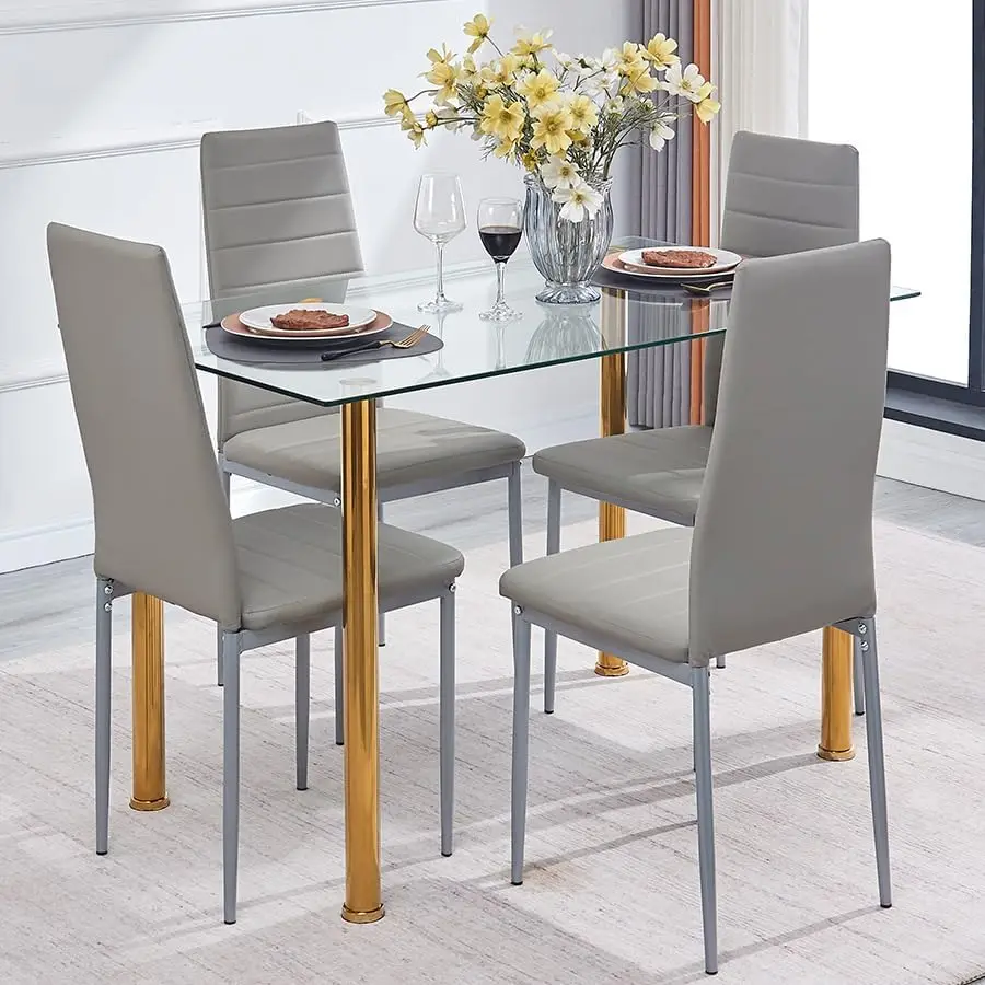 2025 USA Dining Table Set for 4, 5 Piece Kitchen Table and Chairs for Dinette, Apartment, Compact Space-Saving Clear/Gold+Gray