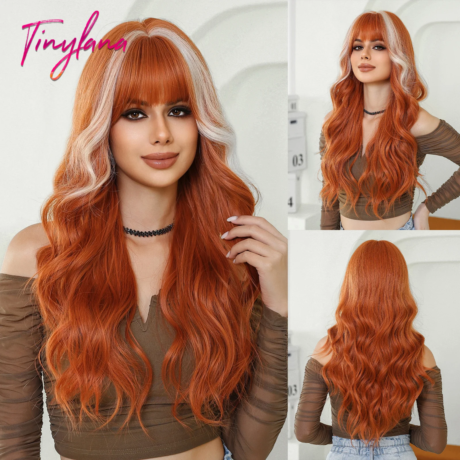 

Long Orange Platinum Highlight Wavy Syhthetic Wigs with Bangs for Women Copper Ginger Cosplay Christmas Wig Heat Resistant Hair