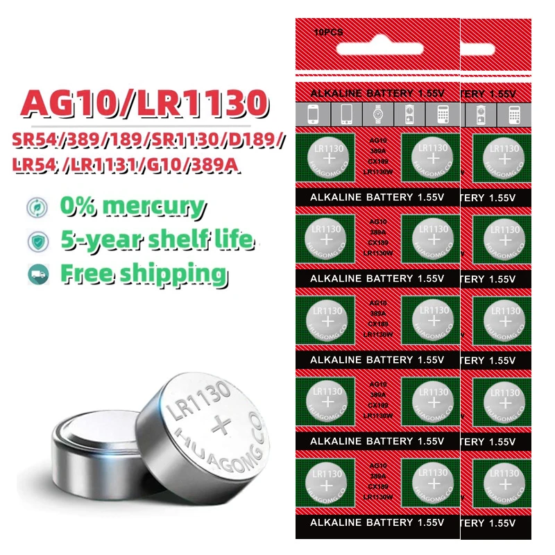 10-100PCS AG10 LR54 Cell Coin 1.55V SR54 389 189 LR1130 SR1130 Alkaline Button High Capacity Batteries for Watch Toys Remote