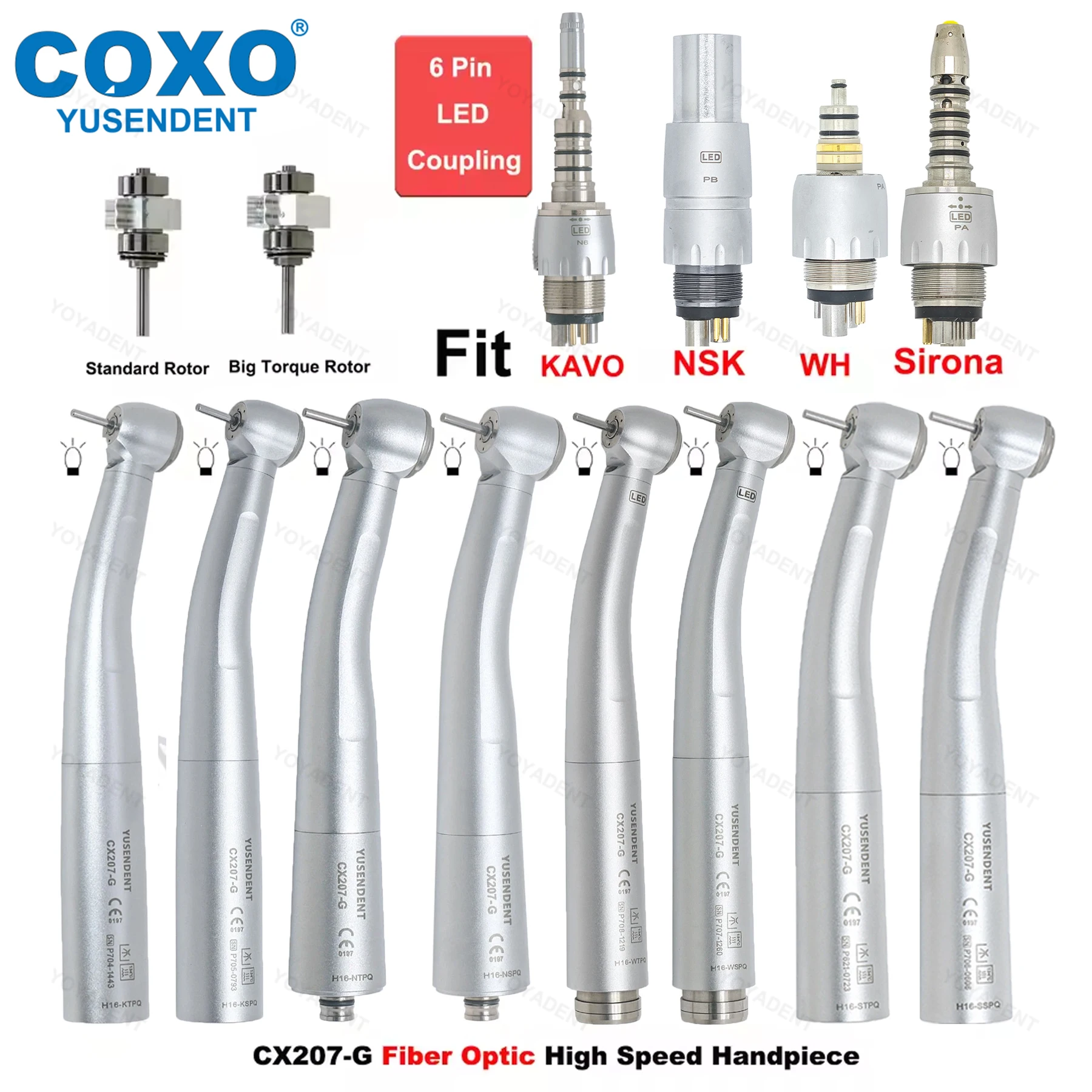 COXO-turbina Dental de fibra óptica, pieza de mano de alta velocidad, Rotor de aire estándar/Torque, acoplador Led de cabeza grande, 6 pines, compatible con KAVO NSK Sirona WH