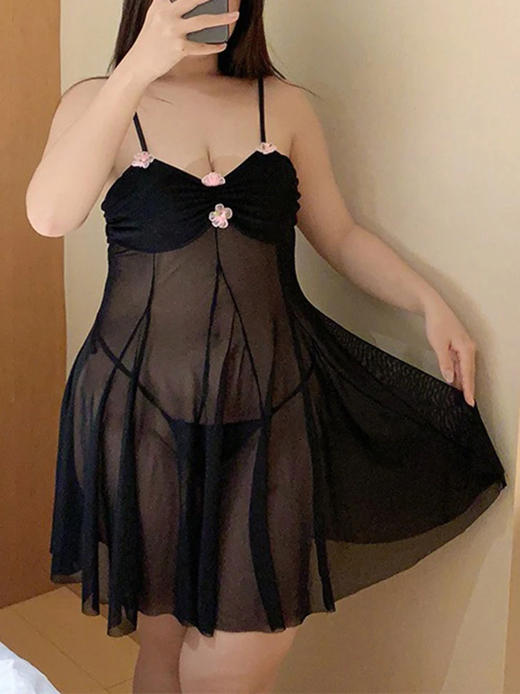 Sexy Strap Nightwear Mesh Uniform Temptation Transparent Solid 3D Flower Camisole Women Dress Backless Summer Charm Sweet