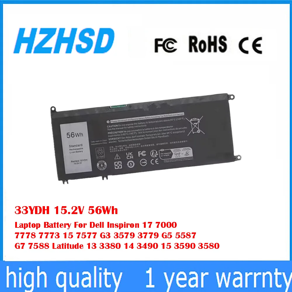 

33YDH 15.2V 56Wh Laptop Battery For Dell Inspiron 17 7000 7778 7773 15 7577 G3 3579 3779 G5 5587 G7 7588 Latitude 13 3380 14