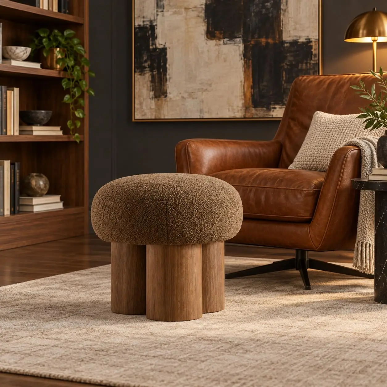 Teddy Fabric Mushroom Ottoman Stool with 3 Legs, Small Round Foot Rest for Living Room & Bedroom, 16.54'', Customized view 3