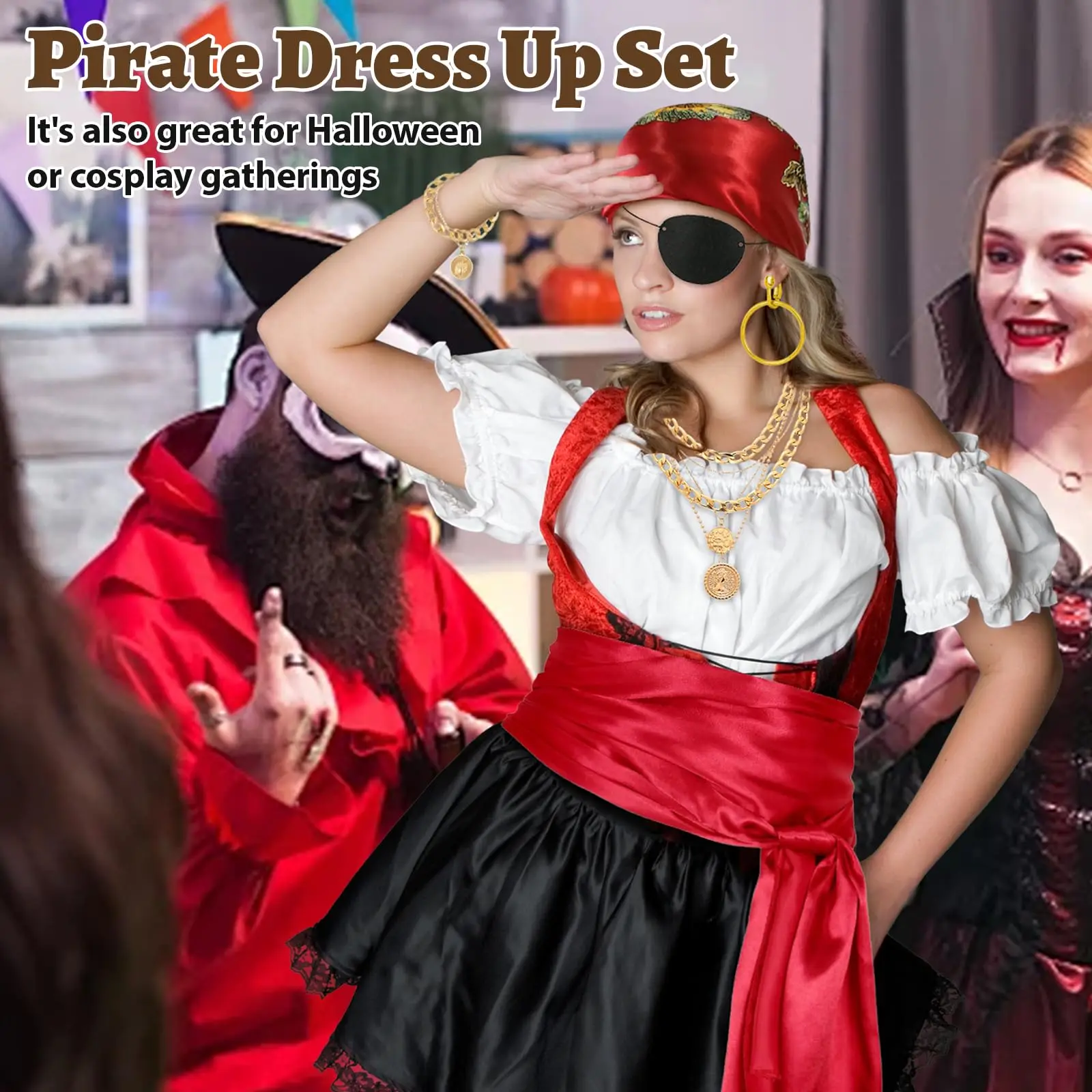 อุปกรณ์เสริมชุดโจรสลัดสำหรับผู้ใหญ่ ผ้าโพกหัวโจรสลัดสีแดงสำหรับผู้หญิง ผ้าพันคอ สายคาดเอว เครื่องประดับ สร้อยคอ ต่างหู ผ้าปิดตา สำหรับคอสเพลย์ฮาโลวีน