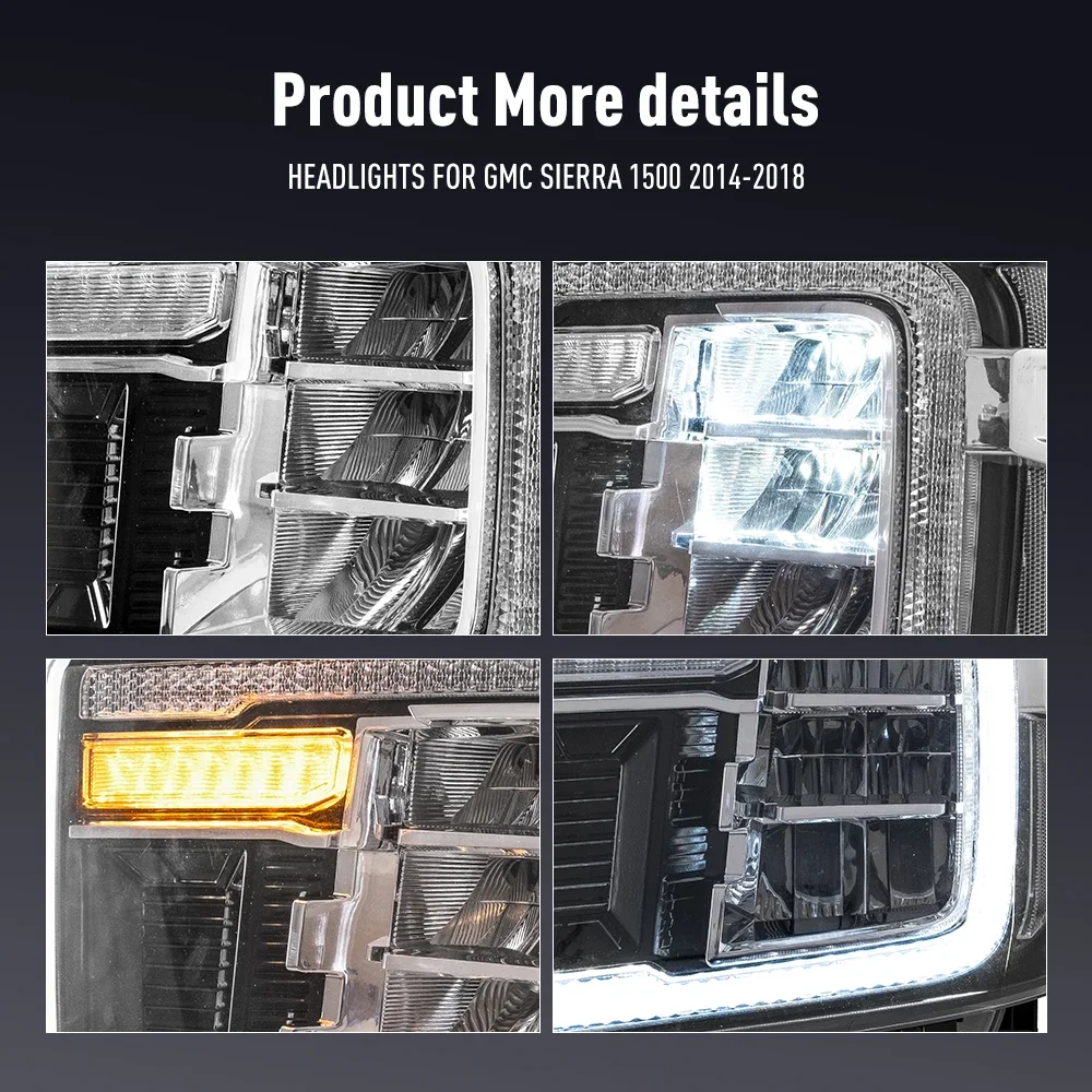 زوج من مجموعة مصابيح السيارة الأمامية LED لسيارة جي إم سي سييرا 1500 2014-2018 2500HD 3500HD 2015-19 مصباح أمامي للرأس مصابيح أمامية لإشارة الانعطاف #6