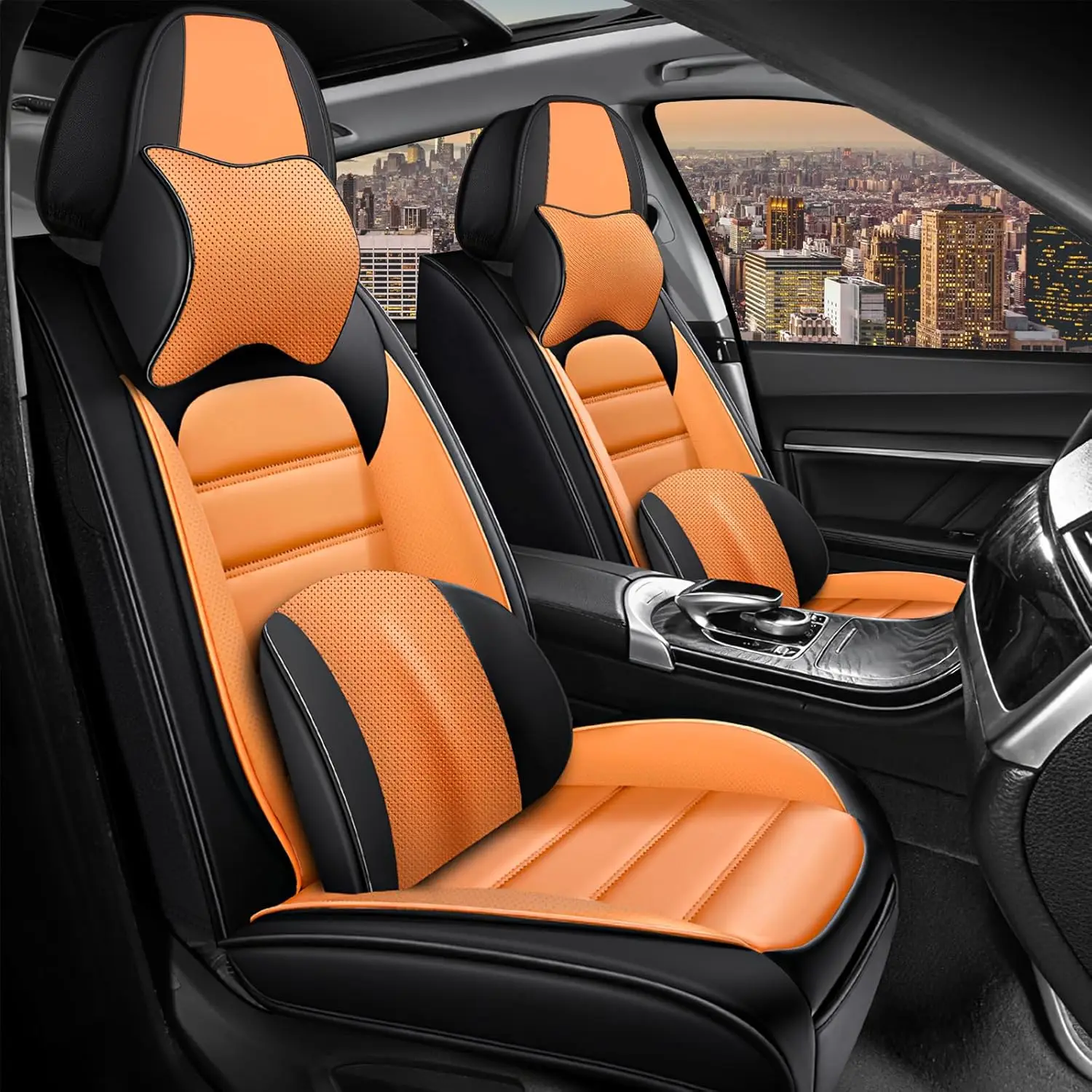 

Seat Covers Full Set,Car Seat Covers for Toyota Tacoma 2010-2024,Waterproof Leather Protectors（Black Orange,Full Set with Pillow