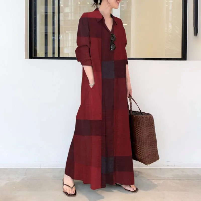 New Patchwork Summer Dress Plus Size 3XL 4XL Cotton Linen Pocket Maxi Dress Women Polo Streetwear Blouse Loose Long Dresses