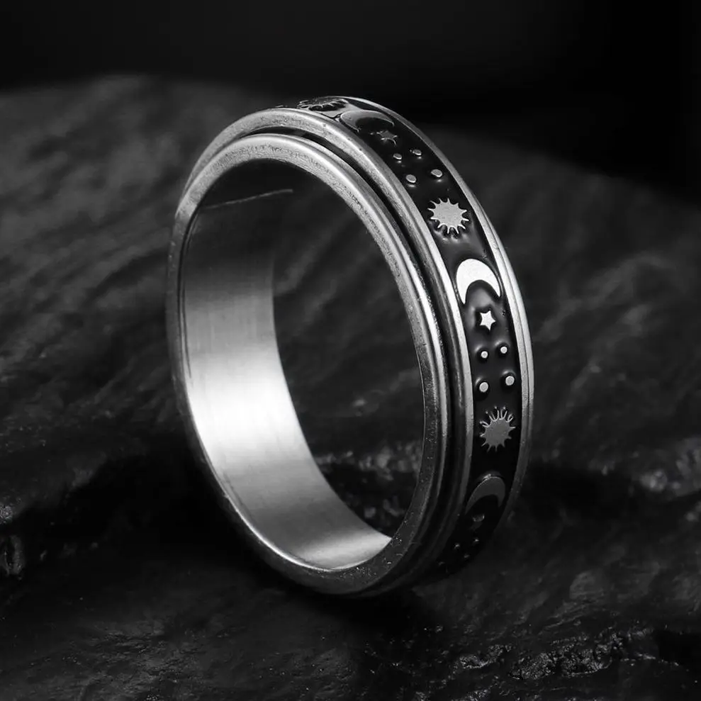 2024 Retro Stainless Steel Rotatable Mens Couple Ring High Quality Moon Star Rotable Rings Punk Women Man Jewelry Party Gift