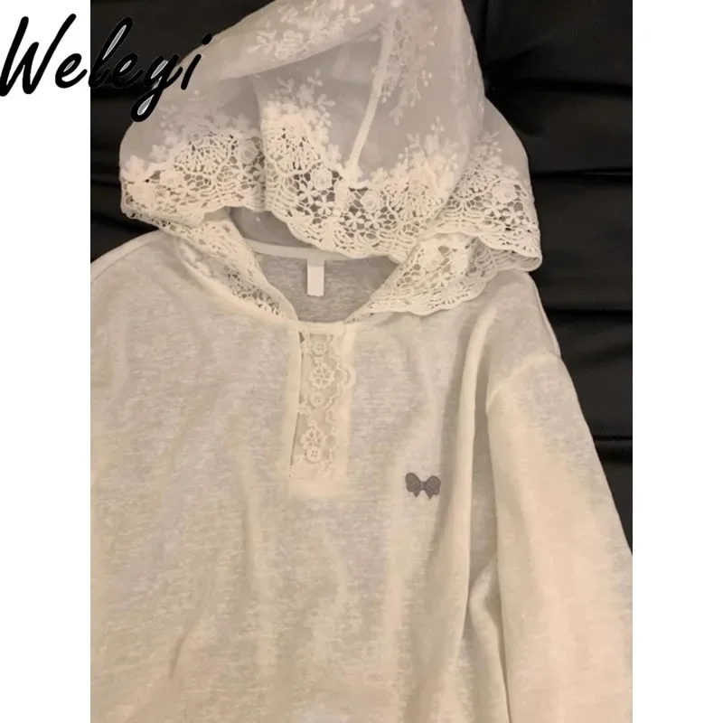 Korean Fashion Kawaii T-shirts Autumn New in Hottie Pure Lace Hooded Long Sleeved Camisetas Women's Loose Sunscreen Blouse Tops