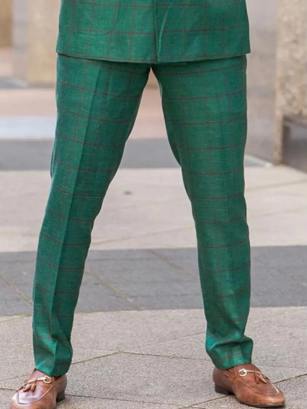 Men's Classic Green Windowpane Plaid Dress Pants Slim Fit Straight Leg Suit Trousers Business Wedding Party Formal Casual Pants
