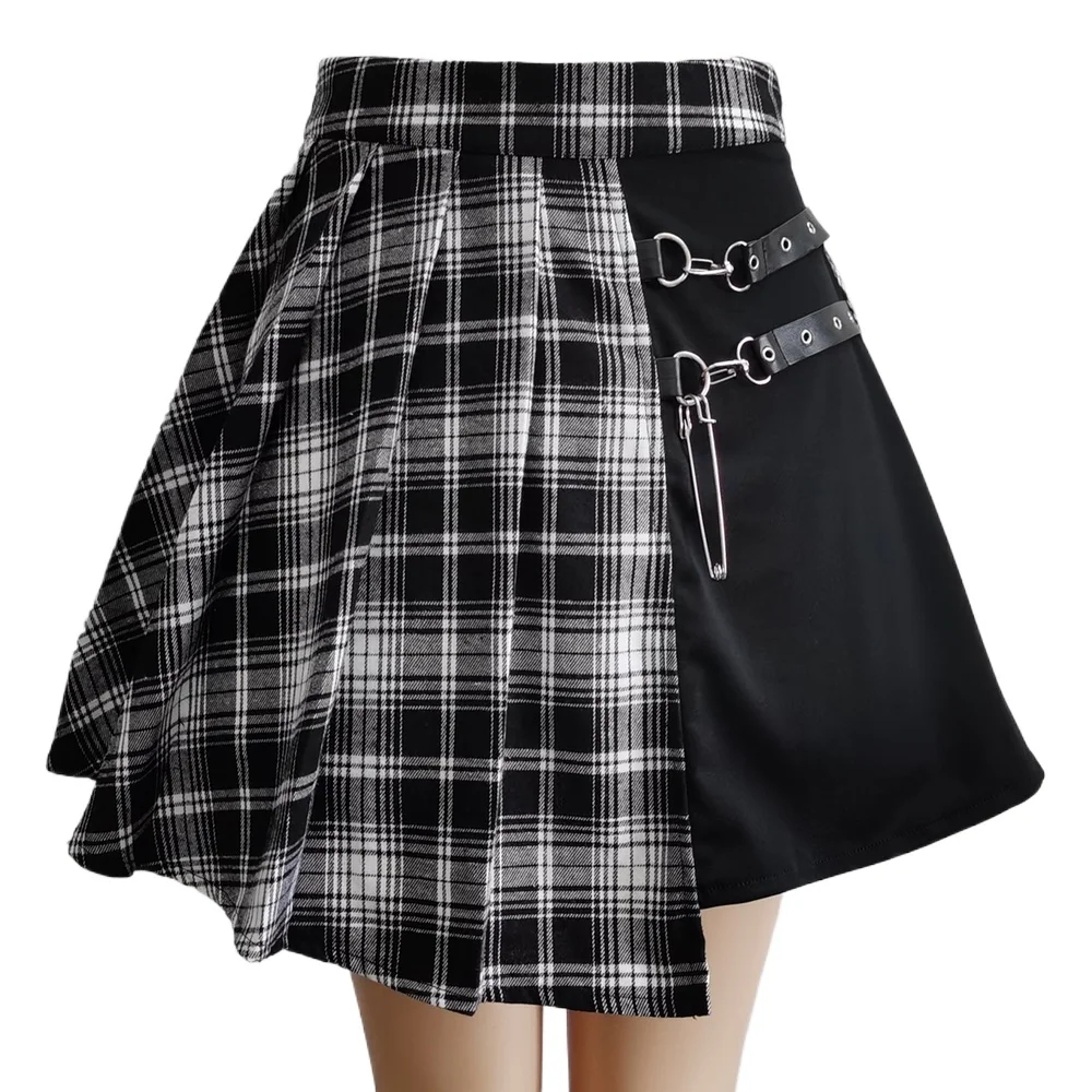 

Harajuku Gothic Black and White Plaid Skirt Streetwear Buttons Side Open Skirts Women Sexy Short Mini