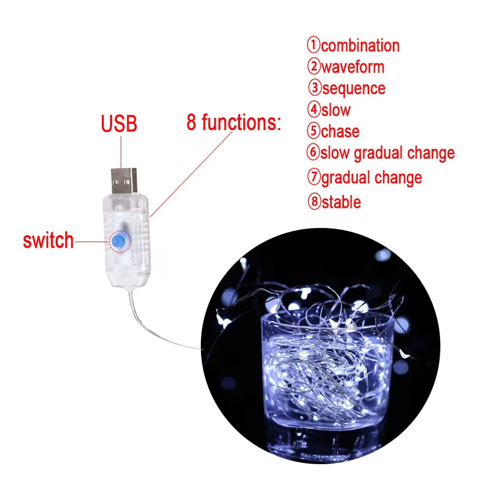 USB Led 銅線ストリングライト 8 モードフェアリーライト防水ガーランド DIY クリスマス結婚式パーティー装飾照明