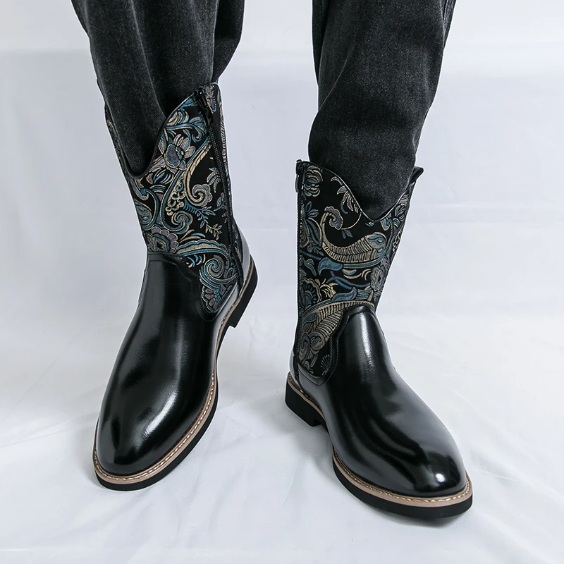 

Fashionable Embroidered High Top Men's Leather Boots High-quality Handmade Stitched Comfort Leather Boots Branded Business Boots
