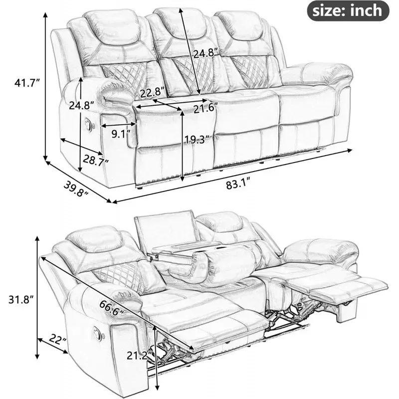 طقم أريكة غرفة المعيشة RPD4-Ball&cast مقاس 83 بوصة مع شريط إضاءة LED. أريكة جلدية فاخرة يدوية مع USB ومقبس. وحدة التحكم المركزية #2