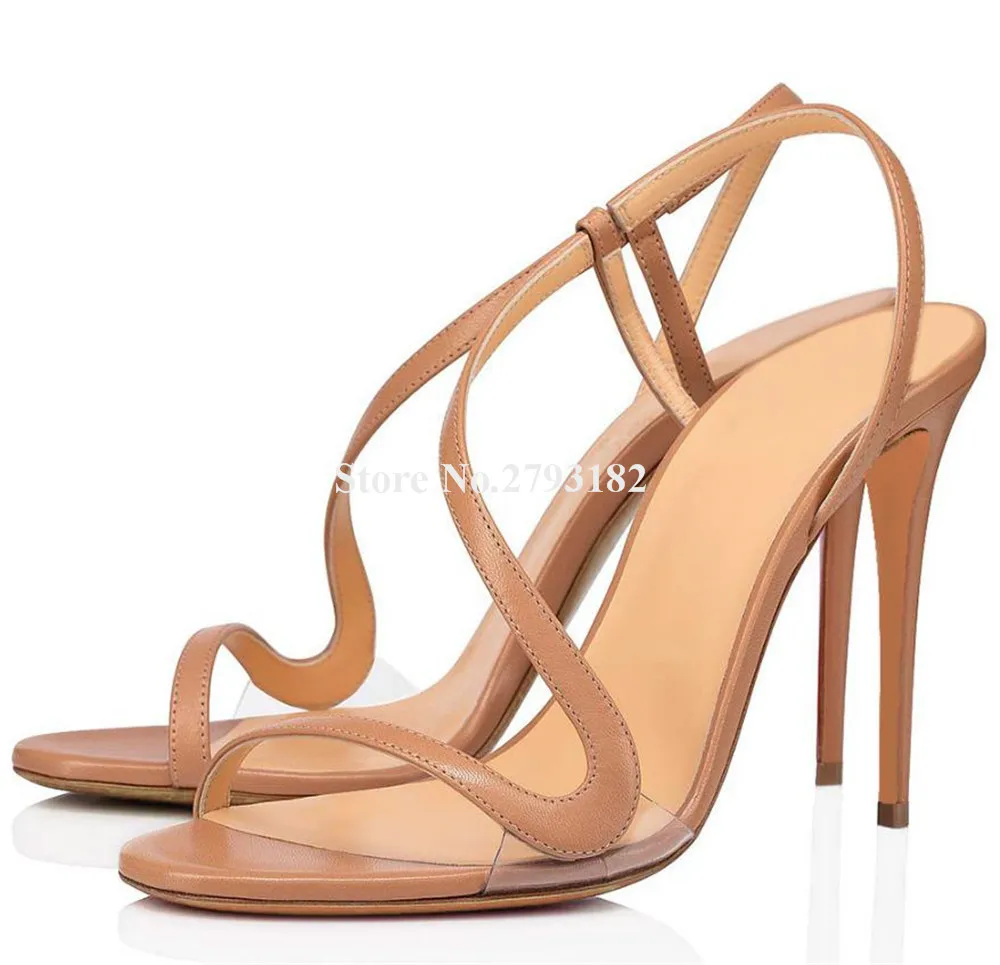 Fashion Curved Straps Stiletto Heel Sandals Open Toe Black Nude Leather Thin Heel Dress Shoes Party Heels Big SIze