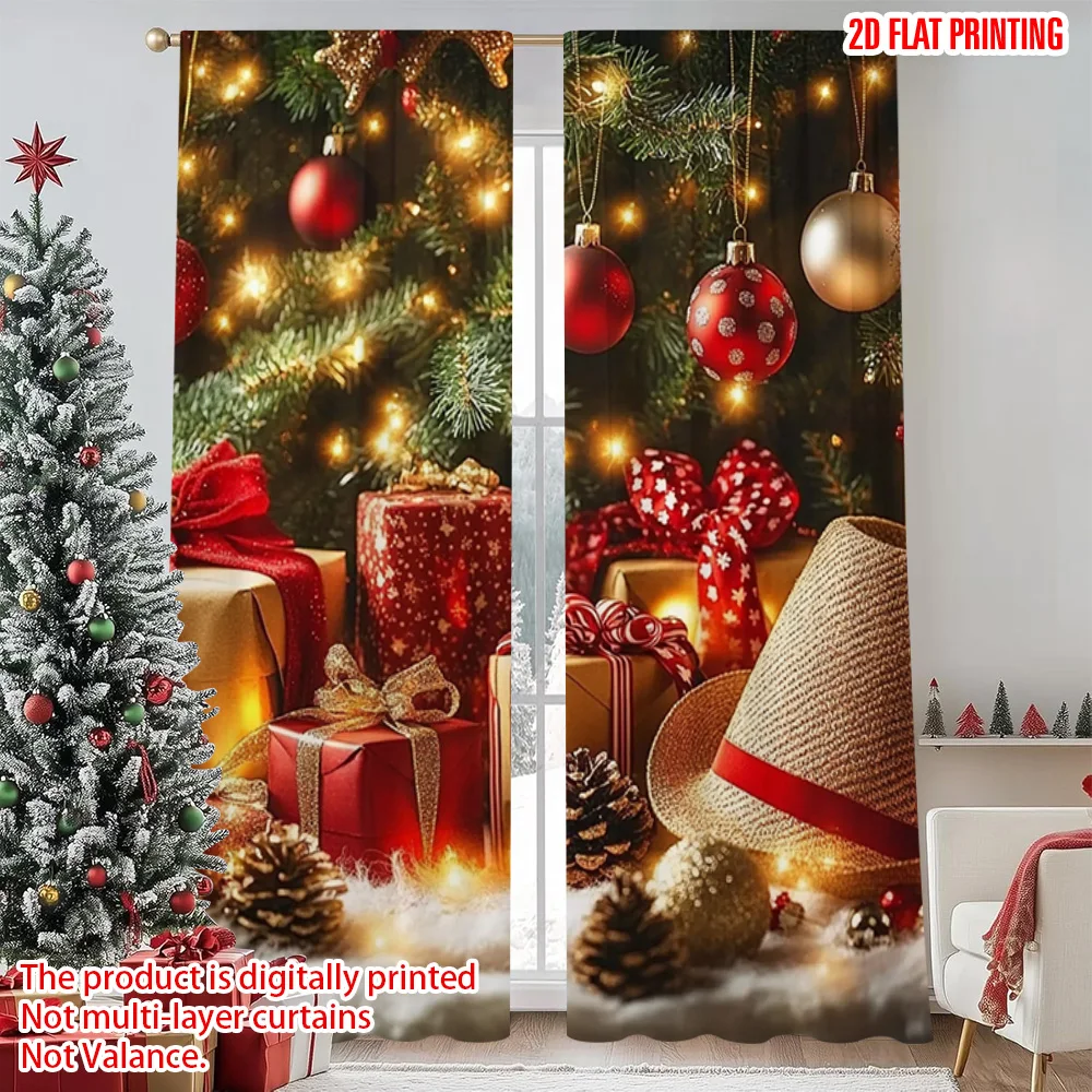 

2pcs 2D flat printing Merry Christmas Popular Drapes Christmas hat_ pine cone and gift pattern included Fabric Without