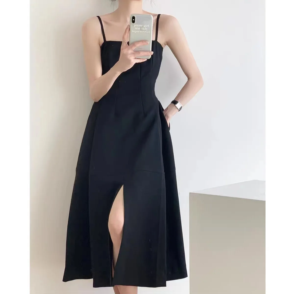 Robe Longue à Col Licou pour Femme, Tenue Française, Noire, Sexy, Taille Haute, Ouverte, Tempérament, ixd'Anniversaire, Club, Camisole, Nouvelle Collection Été